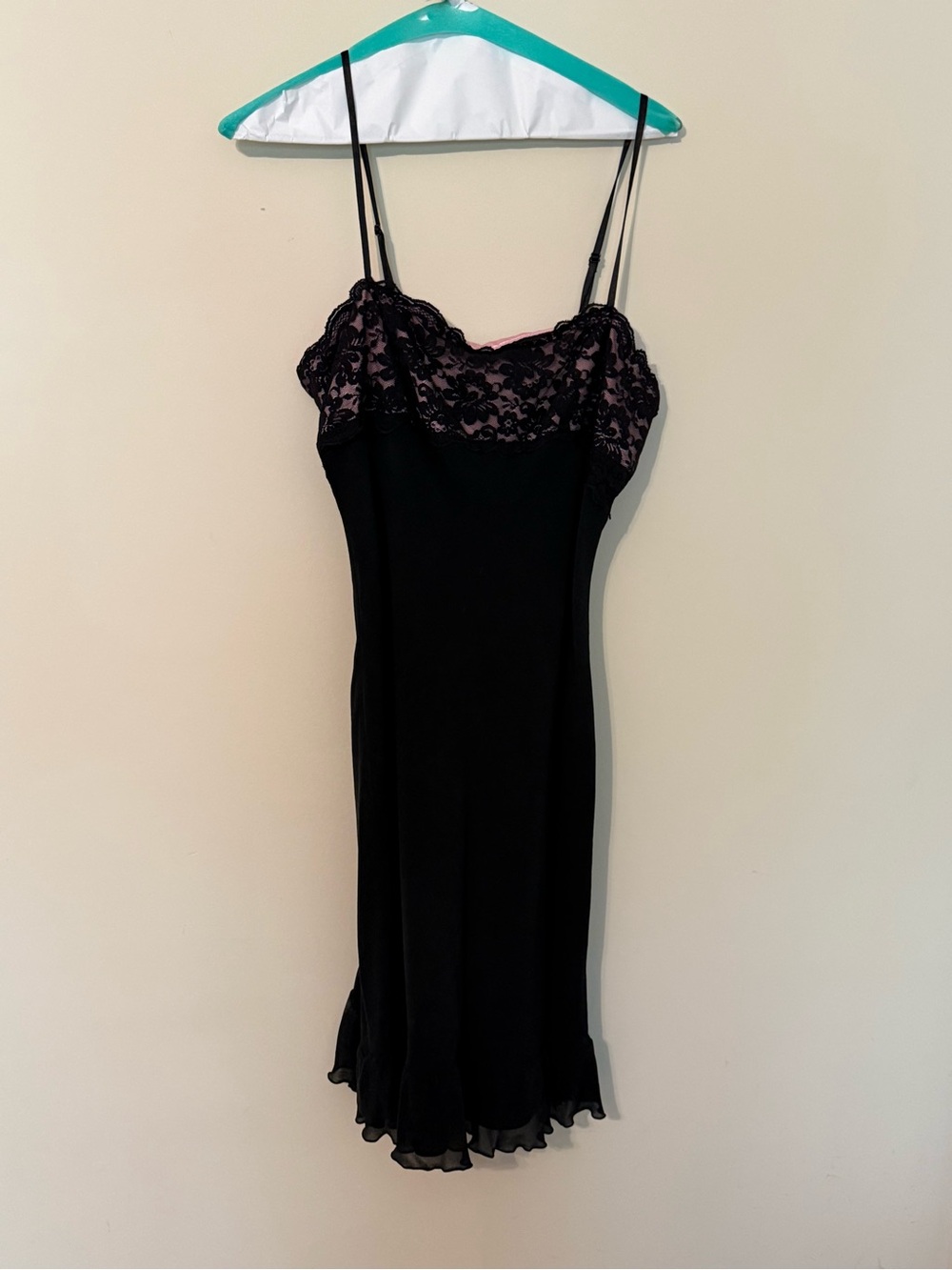 Vintage Express Black Lace-Trim Slip Dress with Pink Lining